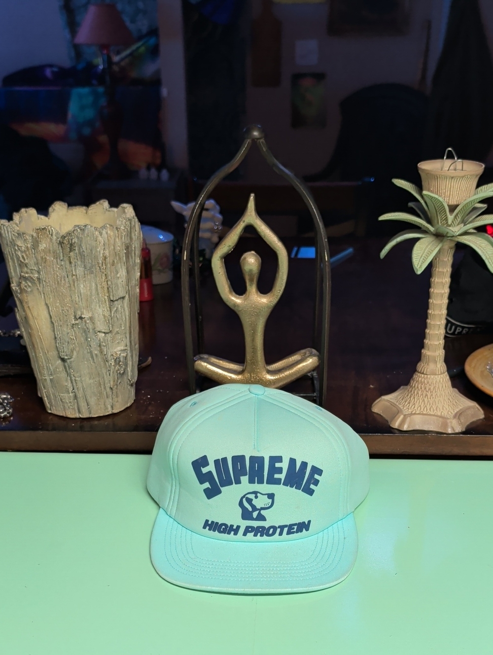 Supreme Mint Green 'High Protein' Snapback Hat with Navy Logo